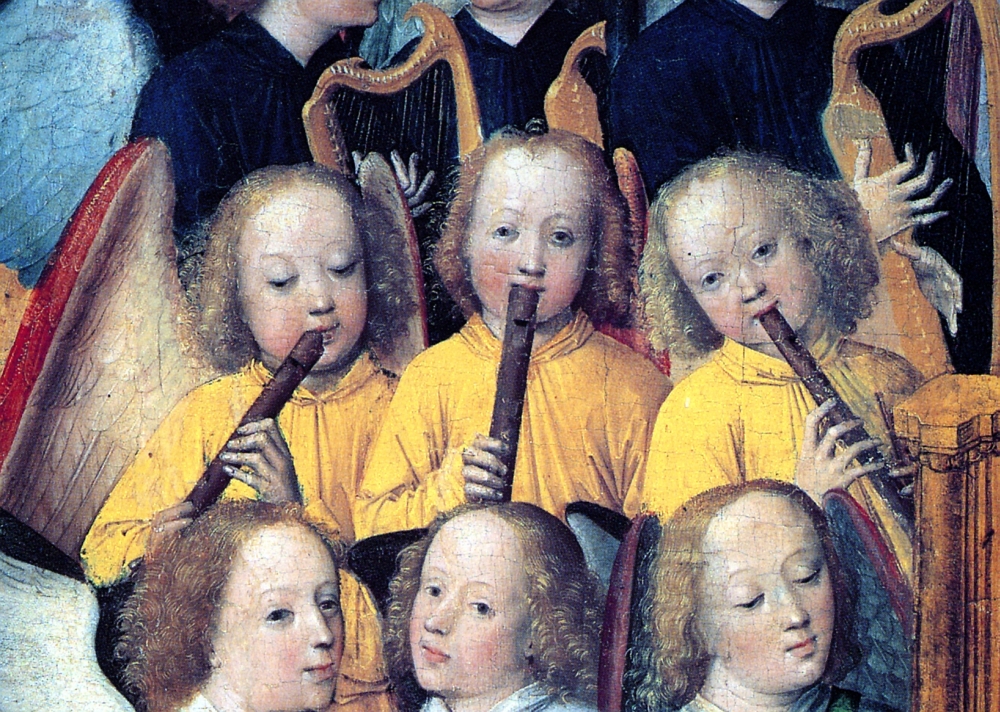 Church art: Angels making music, by the Master of Marienlebens 1465 (detail)